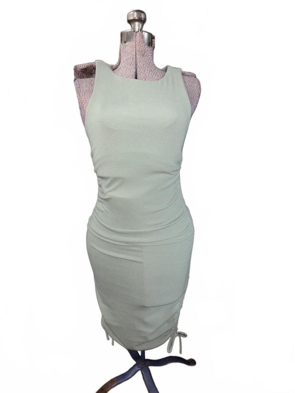 Lulus sage green bodycon midi dress with ruched tie detail